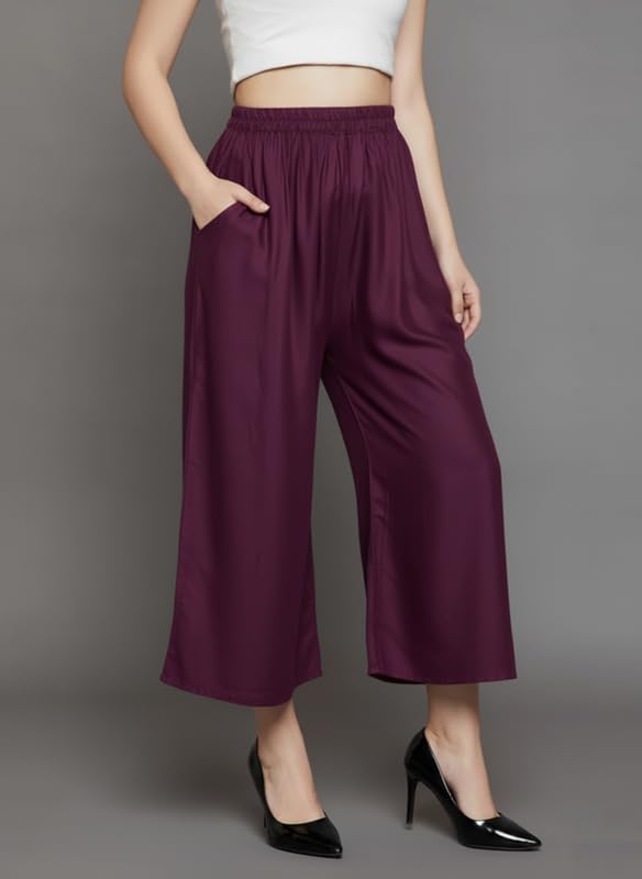Image of Super Soft Viscose Rayon Flared Palazzo Pants for Women Stylish Wide Leg Straight Relaxed Fit Casual Ethnic Office Wear