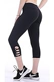 Heat Move Women's Mid Waist Workout Yoga Capri Pants Crisscross Strappy Mesh Yoga Leggings with Hidden Pocket (XS-XL) (Medium, Black-Side Cross)