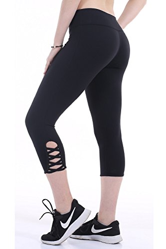 Heat Move Women Capri Yoga Pants with Pocket Mesh Crisscross Strappy Leggings(M, Black-Side Cross)