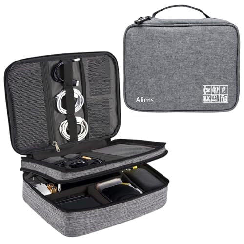 Image of Aliens Double Layer Gadget Travel Tech Organizer Case Bag Pouch /Electronic /Toiletry Organiser /Cosmetic Kit Polyester Water-Proof for Ipad,Charger,Hard Disk,Cables,Laptop & PC Accessories-Grey