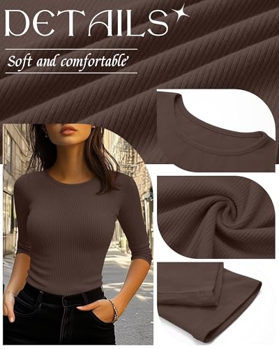 Ficerd 3 Pack 3/4 Sleeve Tops for Women, Cotton Knit Ribbed T Shirts Basic Slim Fit Stretch Tees Casual Crew Neck Shirts3