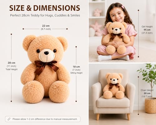 Image of Soft Teddy Bear 28 cm Brown Plush Toy for Kids | Cute Stuffed Teddy Bear | Soft Cuddly Toy