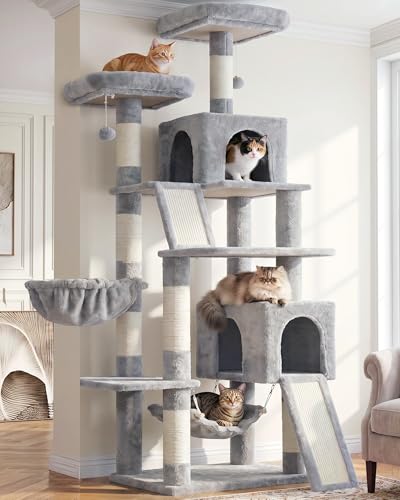 Image of Gitelsnour Cat Tree, 71'' Tower for Large Cat with Scratching Post, GCT032W | 2 Cat Condo House for Indoor Cats Large Adult, 2 Scratching Boards, 7 Posts, 2 Plush Perches, Hammock, Basket, Light Gray