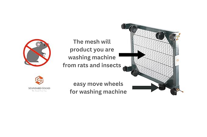 Image of Heavy Duty Front Load Washing Machine Stand | Grey Sheet Metal Base with Rat Mesh & Plastic Wheels | Adjustable Stand for LG 6-7KG ifb 6.5KG Haier 6.5KG Machines (Size18x24 Inch)