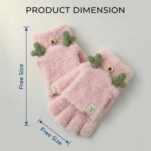 Image of Kraptick Women's Cute Reindeer Plush Convertible Fingerless Gloves - Winter Warm Fluffy Flip-Top Mittens - Korean Style Soft Hand Warmers for Girls & Ladies (Free Size, White)-3
