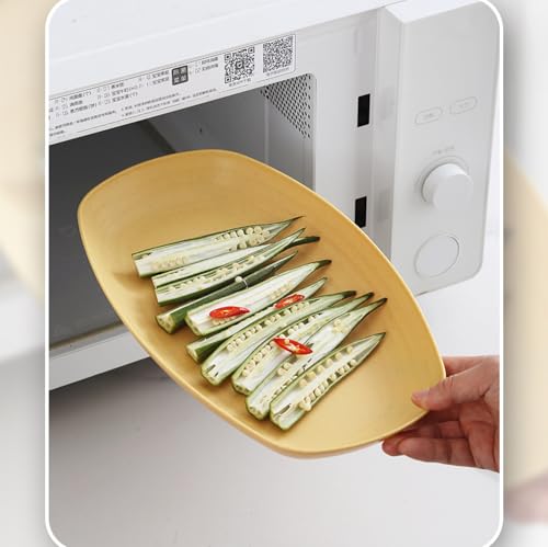 Image of Wheat Straw Oval Food Storage Plates Lightweight Kitchen Tableware for Fruit, Dessert, Snacks, Cereal, Pasta, Salad, Dessert, Dishes, Sushi, Cake Dishwasher Microwave Safe (Yellow, Pack of 4)