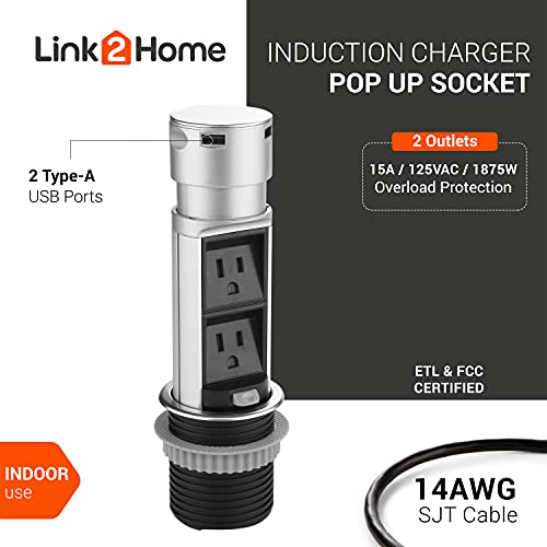 Link2Home EM-PU-200E Link 2 Home Space Saver Pop Up Outlet Station With Usb, 2 Power Outlets 15A, 2 Usb Ports 2.4A Fast Charge Splash Resistant, Stainless-Steel Finish, For Kitchen Island thumb #1