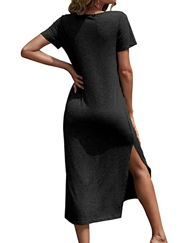 Dyexces Women Summer T Shirt Dress Casual Short Sleeve V Neck Maxi Dresses Loose Side Slit Long Tshirt Dress with Pockets3
