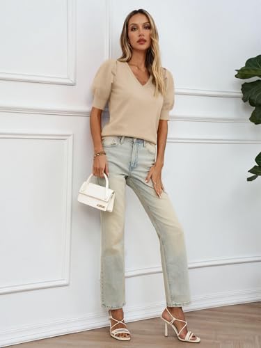 Image of Womens Puff Short Sleeve Sweater Tops 2026 Spring Summer Trendy Casual T Shirts Blouses