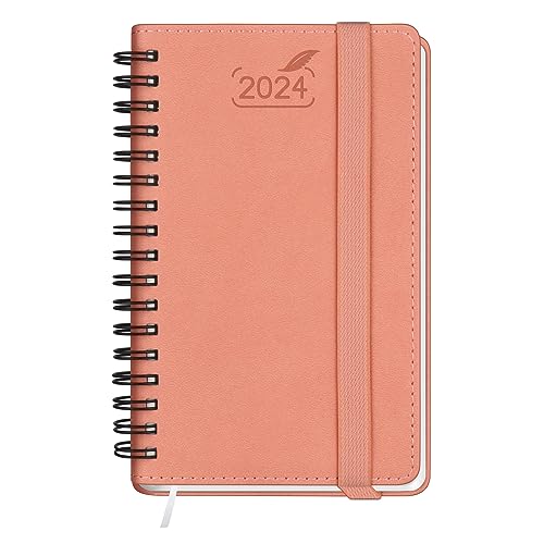 BEZEND Pocket Diary 2024 Week to View 15.5x9 cm [Pink] Slim Diary 2024 A6 Spiral Bound | Small 2024 Planner PU Leather Soft Cover