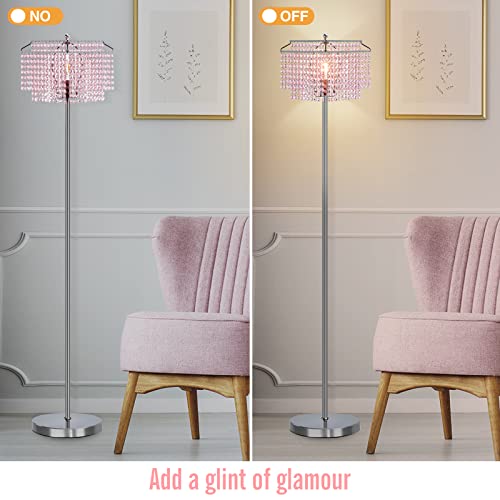 Luvkczc Pink Crystal Floor Lamp, Modern Standing Lamps With Double-Layer Lampshade, Led Floor Lamp With On/Off Foot Switch, Silver Finish Tall Pole Lamp For Living Room, Girl Bedroom, Dresser, Office #TOP5