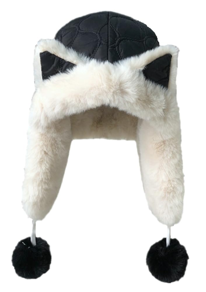Womens Faux Fur Trapper Hat Cute Cartoon Russian Ushanka Hat Winter Warm Ear Flaps Furry Pompom Skull Hat Black