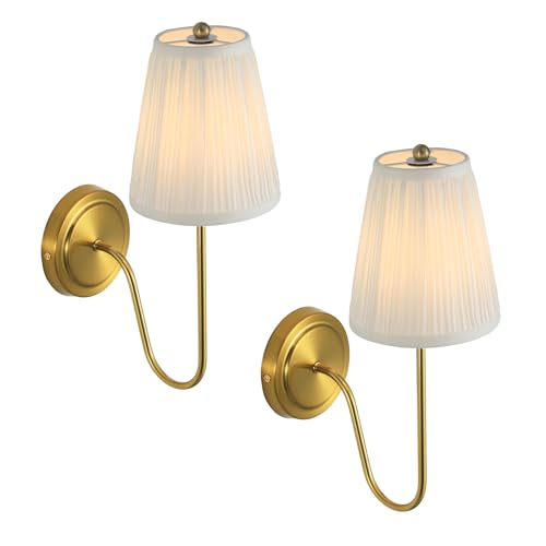 Image of Electro bp;Elegant Single Wall Sconces White Pleated Brocade Fabric Lamp Shades with Polished Gold Curved Metal Arm Covered Wall Light,E12,40W,Hardwired(Set of 2);
