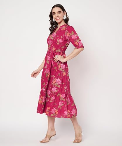 Image of PIDAVLIYA'S Women's Cotton Floral Printed Midi Dress | V-Neck Fit & Flare Dress with Puff Sleeves | Casual Summer Wear