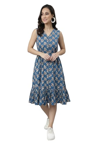 Image of Janasya Women's Cotton Ethnic Motifs Flared Western Dress