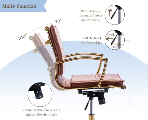 Ealson Modern Leather Office Chair Comfortable Home Office Desk Chair With Wheels And Arms Gold Base Conference Chair Ergonomic Computer Task Chair Adjustable Swivel Chair, Brown #TOP3