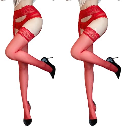 2 Pairs Plus Size Premium High Waist Lace Suspenders Women's Tights with Designs Control Top Pantyhose Sheer Stockings