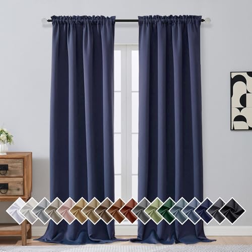 Image of Navy Blue Blackout Curtains for Bedroom 96 Inches Long 2 Panels, Soft Fabric Blackout Curtains, Room Darkening Living Room Window Treatments, Dual Rod Pocket Window Drapes, 2x40Wx96L Inches