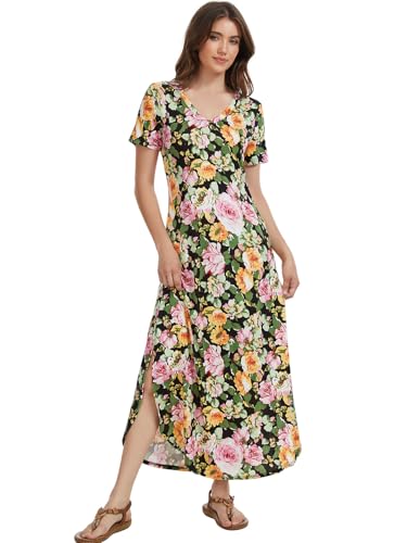 Image of Women's V-Neck Short Sleeve Maxi Sundress Summer Floral Boho Beach Dress with Pockets