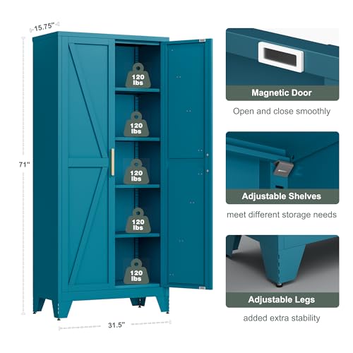 71'' Farmhouse Metal Storage Cabinet with Barn Doors,Steel File Cabinet for Home Office,Kitchen Pantry 4 Adjustable Shelves,Freestanding Cupboard for Kitchen,Home Office (Peacock Blue) - Image 5