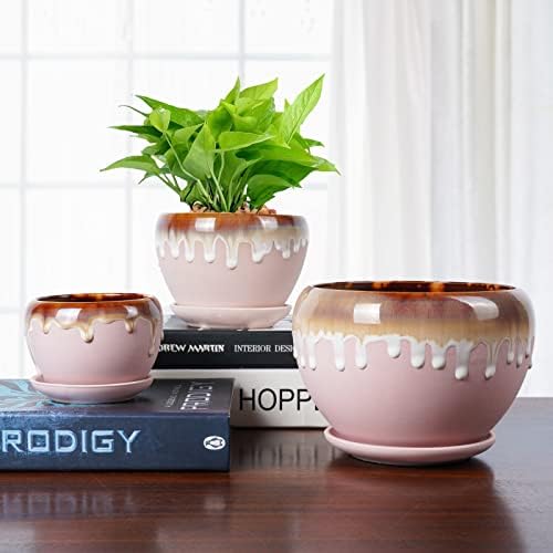 Ceramic Succulent Planter Pot with Drainage Hole and Connected Saucer Small to Large Size Round Flower Plant Pots for Plants Set of 3