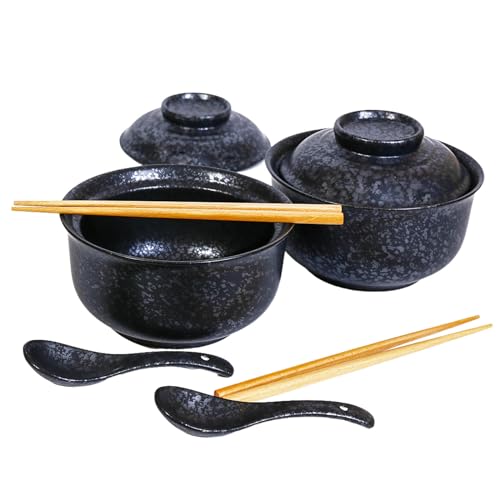 Ceraozmus Ensemble de bols Ramen en céramique 800 ml avec couvercle, cuillère et baguettes, grands bols à soupe japonais vintage bol de nouilles instantanées vaisselle asiatique (Noir * 2)