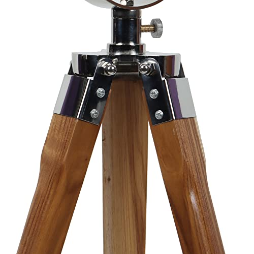 Image of Industrial Tripod Floor Lamp with Chrome Spotlight Head | Adjustable Wooden Studio Light for Home Decor - 37 Inch Height (Win Nickle)