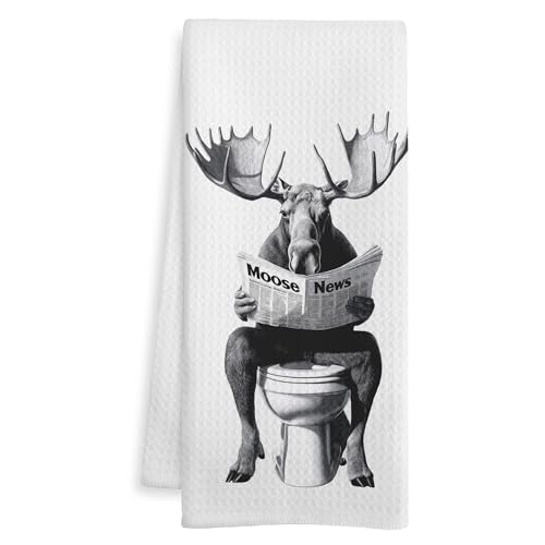 WOTYPU Moose Gifts Hand Towels for Bathroom, Moose Lover Gifts, Funny Farm Animal On Toilet Decorative Hand Towels for Kids Guest Bathroom Washroom Power Room Vanity Half Bath, 16X24 Inch