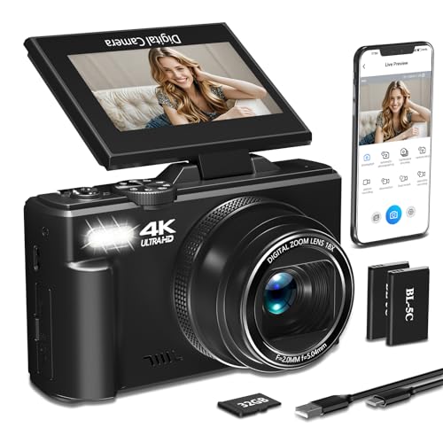 4K Digital Camera for Photography, 64MP HD WiFi Vlogging Camera for YouTube with 3" 180°Flip Screen, 18X Digital Zoom,Autofocus Compact Camera with Flash,32GB TF Card & 2 Batteries(Black)