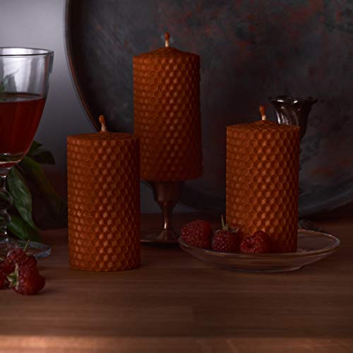 Orange Beeswax Candle Gift Set. 3 Colored Beeswax Pillar Candles With Natural Honey Scent And Hand Made Honeycomb Charm For Gift And Home Decor (Orange Candles With Decor, 3 Pcs, Size 3.3 X 1.8 In) #TOP6