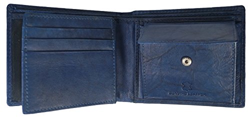 Genuine Goat Leather Bifold Slim Thin Mens Wallet Center Flap Credit Card ID Blue3