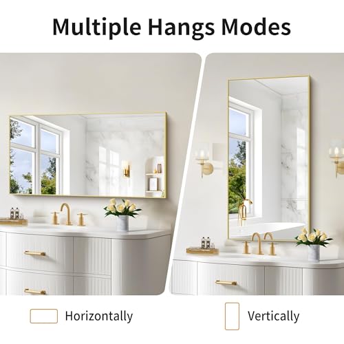 COFENY 48x24In Gold Bathroom Mirror for Wall, Brushed Gold Rectangle Mirrors with Metal Frame, Bathroom Rectangular Mirror Modern Wall Mirror for Bedroom Living Room, Hangs Horizontal or Vertical by COFENY - Image 5
