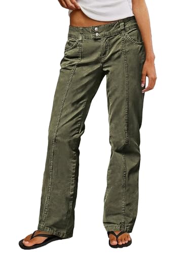Flamingals Straight Leg Cargo Pants for Women Mid Rise Stretchy