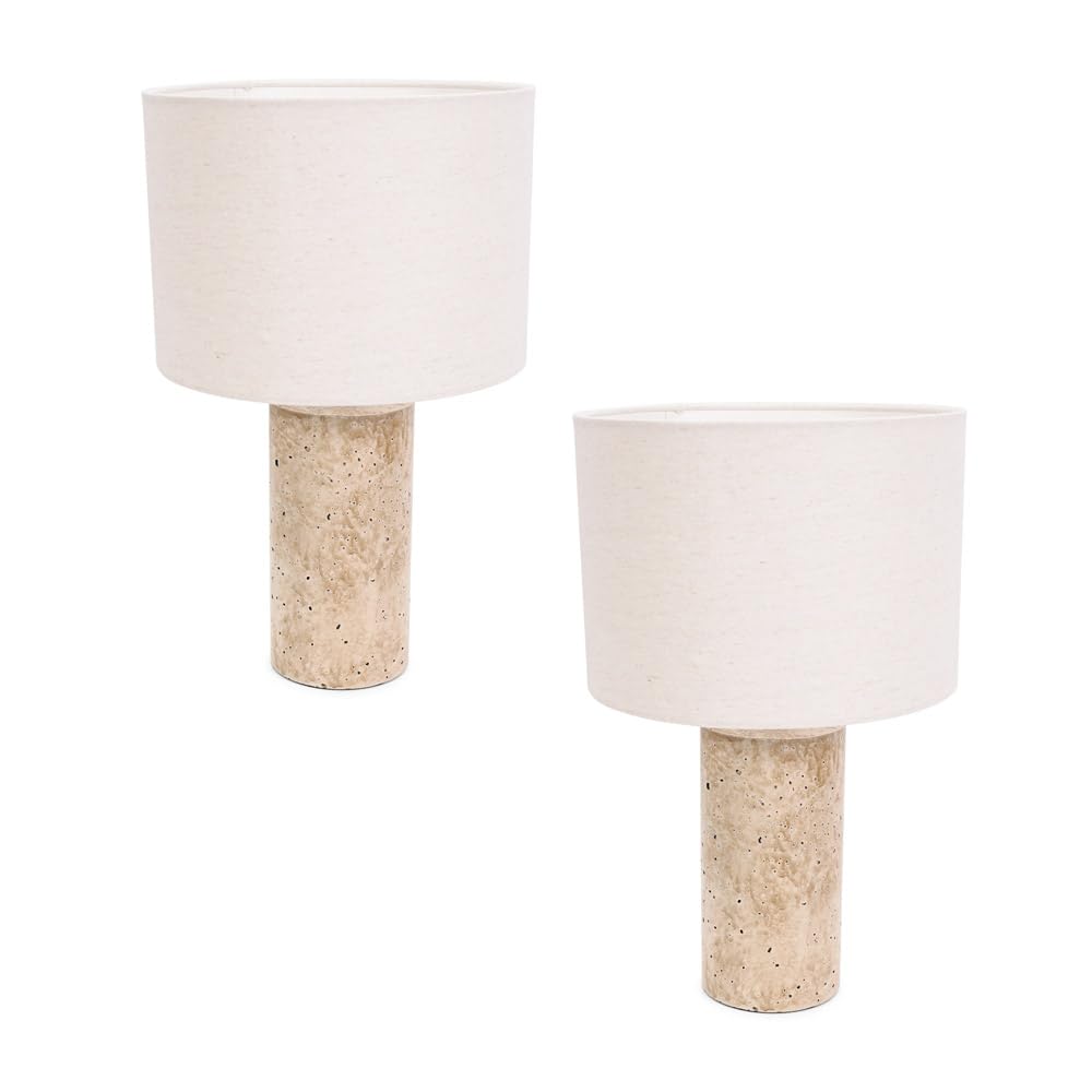 Valuelights Including Bulb | Pair Of - Natural Marble Effect Bedside Table Lamp With Neutral Linen Lampshade Living Room Light - Led Bulbs Included | Table Lamps & Home Improvements Essential
