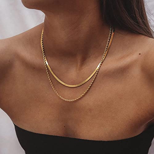 Tewiky Layered Necklaces For Women, Gold Herringbone Necklace 14K Gold Plated Rope Snake Chain Necklace Dainty Gold Choker Necklaces Statement Gold Necklace For Women Girls #TOP1