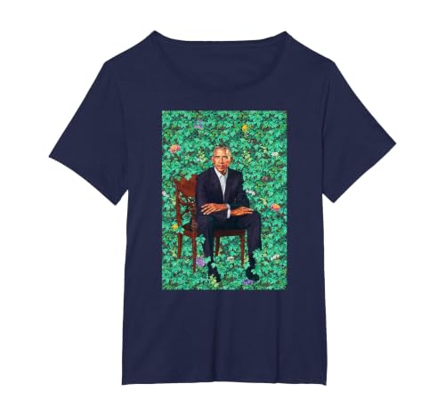 Barack Obama Sitting Floral Art T-Shirt T-Shirt, Women's Plus, Navy Blue, 1X