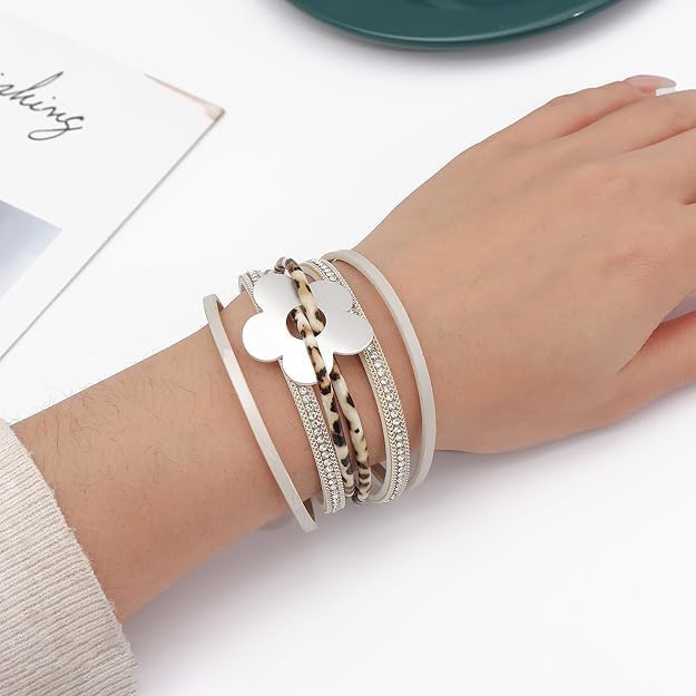 Flower Charm Wrap PU Leather Bracelet for Women Lady Trendy Multi-Layer Cuff Bracelet Handmade Bracelets Jewelry - Image 5