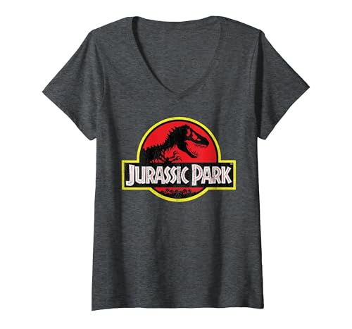 Women's Jurassic Park Distressed Vintage Logo V-Neck T-Shirt, Dark Heather Grey, Medium