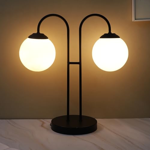 Image of tu casa Black Metal Table Lamp for Home Decoration, Bedroom, Living Room, Lounge, Office, Festival Gifting, Study Table (2 White Glass Shade) H - 16.5 inch / No Blub