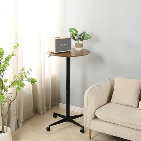 TORRAINAKE Height-Adjustable Round Pub Table on Wheels Dirty Wood 28.9''-43.9'' Ideal for Dining Bistro Café and Home Bar with MDF Tabletop Cover