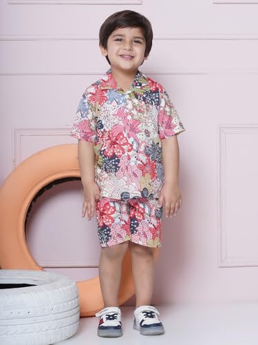 Image of AJ DEZINES Kids Cotton Shirt Shorts Half Sleeves Floral Printed CO-ORDS Set for Boys