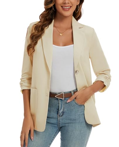 MINTLIMIT Women's Casual Buttons Linen Blazer Jackets Lapel 3/4 Ruched