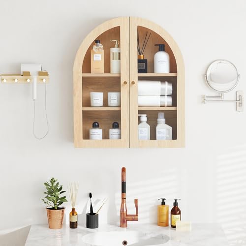 Armadietto da parete con ante in vetro, ripiano regolabile, design ad arco per riporre oggetti in bagno, cucina, soggiorno