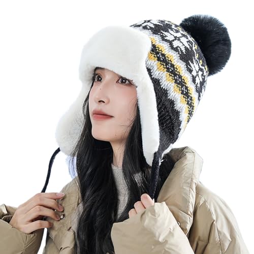 NICEYST Women Winter Beanie Hat Thick Fleece Lined Warm Earflap Trapper Hat Pom Pom Jacquard Knited Outdoor Ski Snow Cap (Style 2-Black)