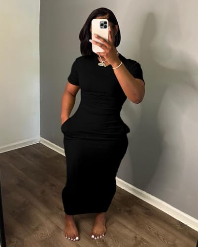 Image of Women's Casual Short Sleeve Dress T Shirt Bodycon Dresses Ribbed V Neck Maxi Sundress Basic Party Club Dress with Pocket