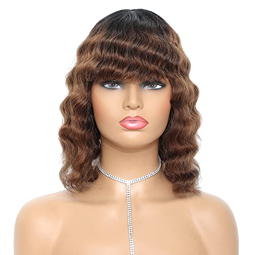 iShine Short Curly Bob Wigs Human Hair Wig with Bangs Loose Wave Wig for Women 12 inch Short Curly Hair Wigs with Wigs Caps- Dark Brown Highlighted / Medium Auburn( OP4/30)