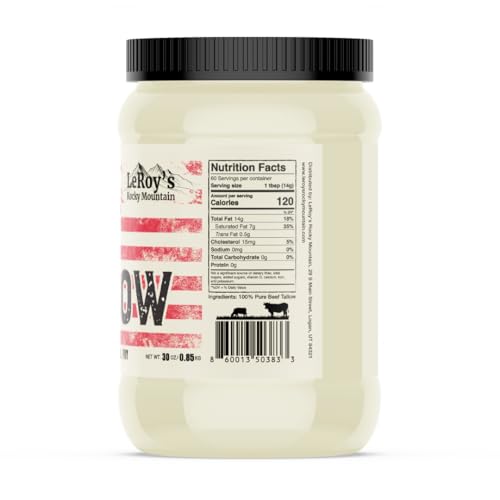 Image of LeRoy's Rocky Mountain Beef Tallow - 30 oz Jar - 100% Pure Rendered Beef Fat for Cooking, Frying & Grilling - High Smoke Point - Keto, Paleo & Carnivore Diet Friendly - No Additives, USA Made