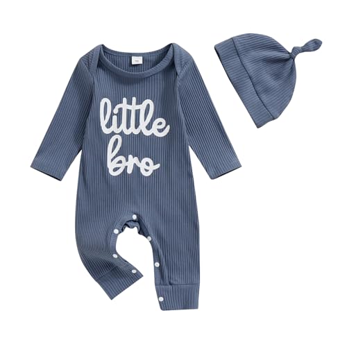 Image of mlpeerw Newborn Baby Boy Romper Knit Lillte Bro Letter Print Bodysuit Jumpsuit+hat Coming Home Outfit Infant Clothes (K Navy, 3-6 Months)
