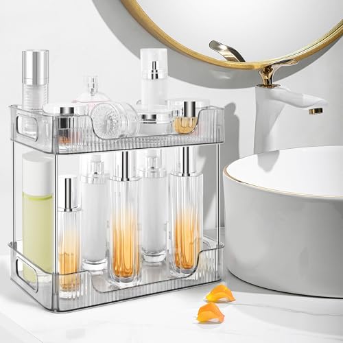 Image of 2-Tier Bathroom Counter Organizer Countertop Storage, Dresser Organizer Vanity Tray for Makeup, Perfume Organizer Cosmetics Skincare Shelf - Grey