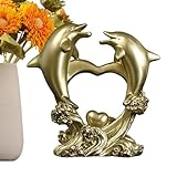 Estatua de delfín de resina, estatuilla de delfines - Estatua modelo de doble delfín de resina dorada | Decoraciones de animales marinos para amantes de los delfines, exhibición de escritorio para dec